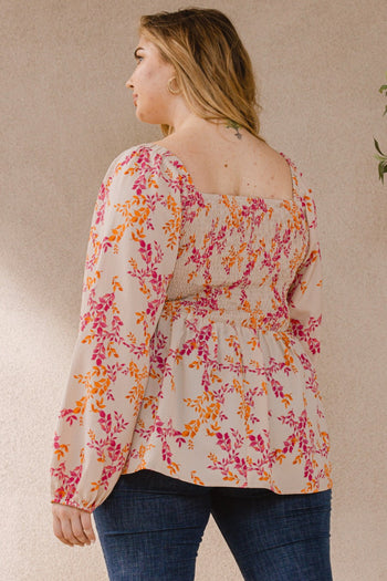 Oddi Leaf Print Smocked Bodice Top in Taupe