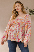 Oddi Leaf Print Smocked Bodice Top in Taupe