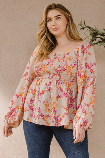 Oddi Leaf Print Smocked Bodice Top in Taupe