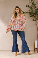 Oddi Leaf Print Smocked Bodice Top in Taupe