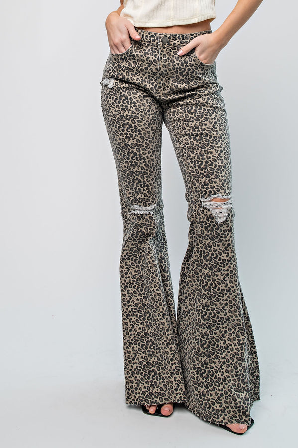 Easel Leopard Print Bell Bottom Pants in Mushroom Pants Easel   