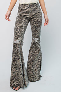 Easel Leopard Print Bell Bottom Pants in Mushroom Pants Easel   