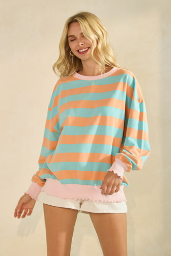 Veveret Contrasting Striped Knit Top in Orange/Blue