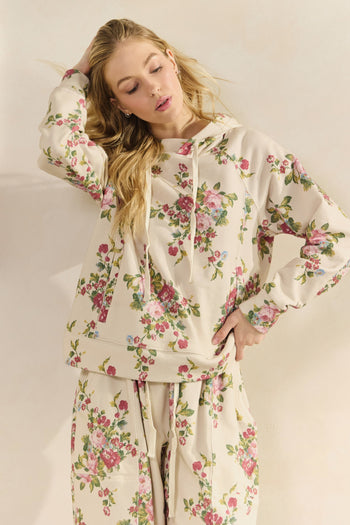 Veveret Printed French Terry Pullover Hoodie in Floral