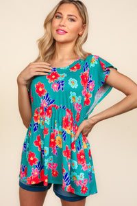 Haptics Floral Print Peplum Babydoll Top in Teal/Scarlet