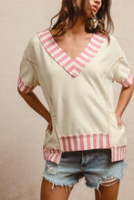 Load image into Gallery viewer, BiBi Solid Color French Terry Top with Contrasting Stripe Pattern in Ivory/Pink
