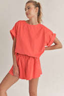 Klesis Solid Color OVERSIZED Top and Shorts Set in Coral