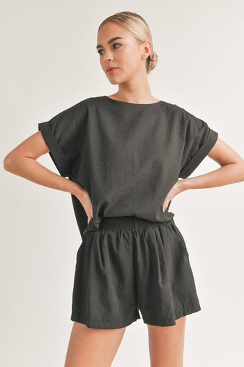 Klesis Solid Color OVERSIZED Top and Shorts Set in Black