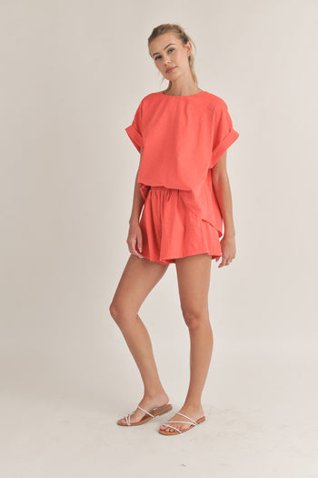 Klesis Solid Color OVERSIZED Top and Shorts Set in Coral – June Adel