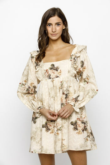 Storia Rose Print And Embossed Baby Doll Dress in Beige Floral