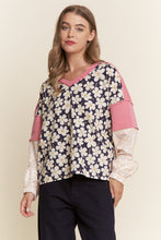 Load image into Gallery viewer, J.nna Mixed Fabric Relaxed Fit Top in Navy Pink
