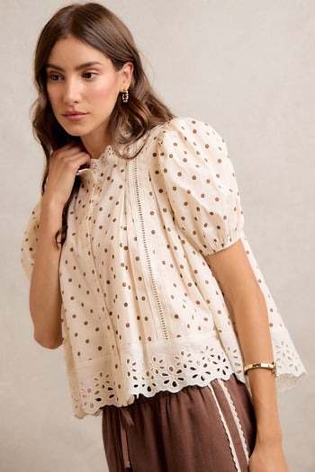So Me Polka Dot Cotton Lace Trim Blouse in Beige/Brown