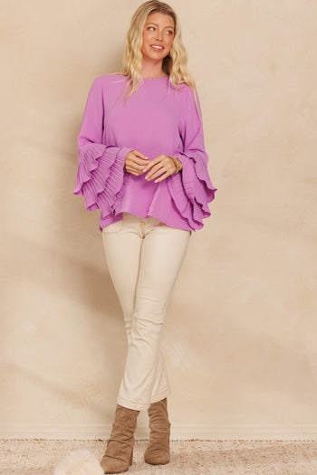 Oddi Solid Color Top with Layered Pleated Sleeves in Lilac