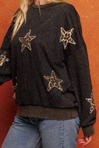 Oddi Leopard Printed Star Patch Top in Washed Black Shirts & Tops Oddi   