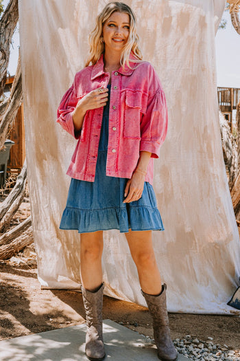 Oddi Boxy Silhouette Solid Color Corduroy Jacket in Washed Fuchsia