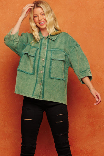 Oddi Boxy Silhouette Solid Color Corduroy Jacket in Washed Jade