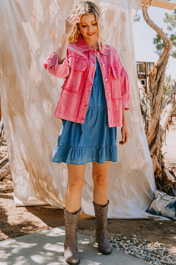 Oddi Boxy Silhouette Solid Color Corduroy Jacket in Washed Fuchsia