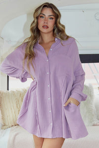Peach Love Woven Loose Fit Shirt Dress in Dusty Purple Dresses Peach Love California   