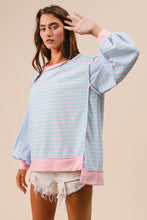 Load image into Gallery viewer, BiBi French Terry Striped Top with Uneven Hemline in Lt Blue/Blush
