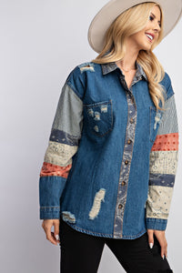 Easel Dark Denim Stone Washed Shirt with Mixed Print Sleeves Shirts & Tops Easel   