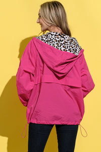 Solid Color Windbreaker with Hoodie Leopard Print Details in Fuchsia Shirts & Tops And The Why   