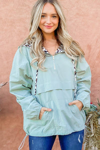 Solid Color Windbreaker with Hoodie Leopard Print Details in Dusty Mint Shirts & Tops And The Why   