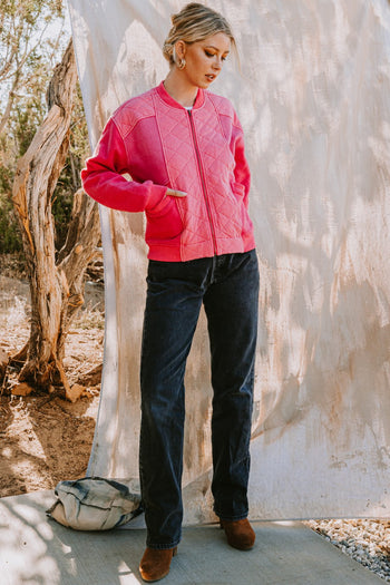 Oddi Quilted Bomber Jacket in Washed Fuchsia
