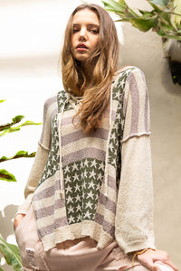 POL American Pattern Hooded Lightweight Sweater Top in Olive/Ash Mauve Shirts & Tops POL   