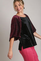 Umgee Solid Velvet Top with Animal Print Burnout Sleeves in Black