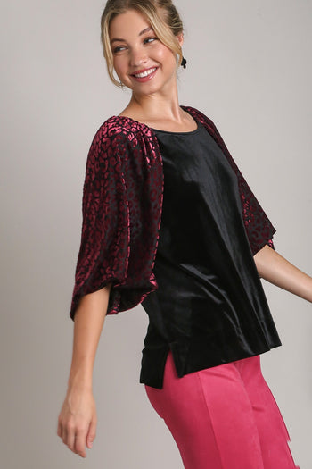 Umgee Solid Velvet Top with Animal Print Burnout Sleeves in Black