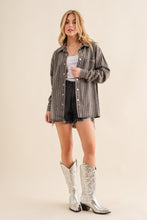 Load image into Gallery viewer, Blue B Denim Boyfriend Shirt Jacket with Embellished Sparkle Stone Pinstripes in Charcoal
