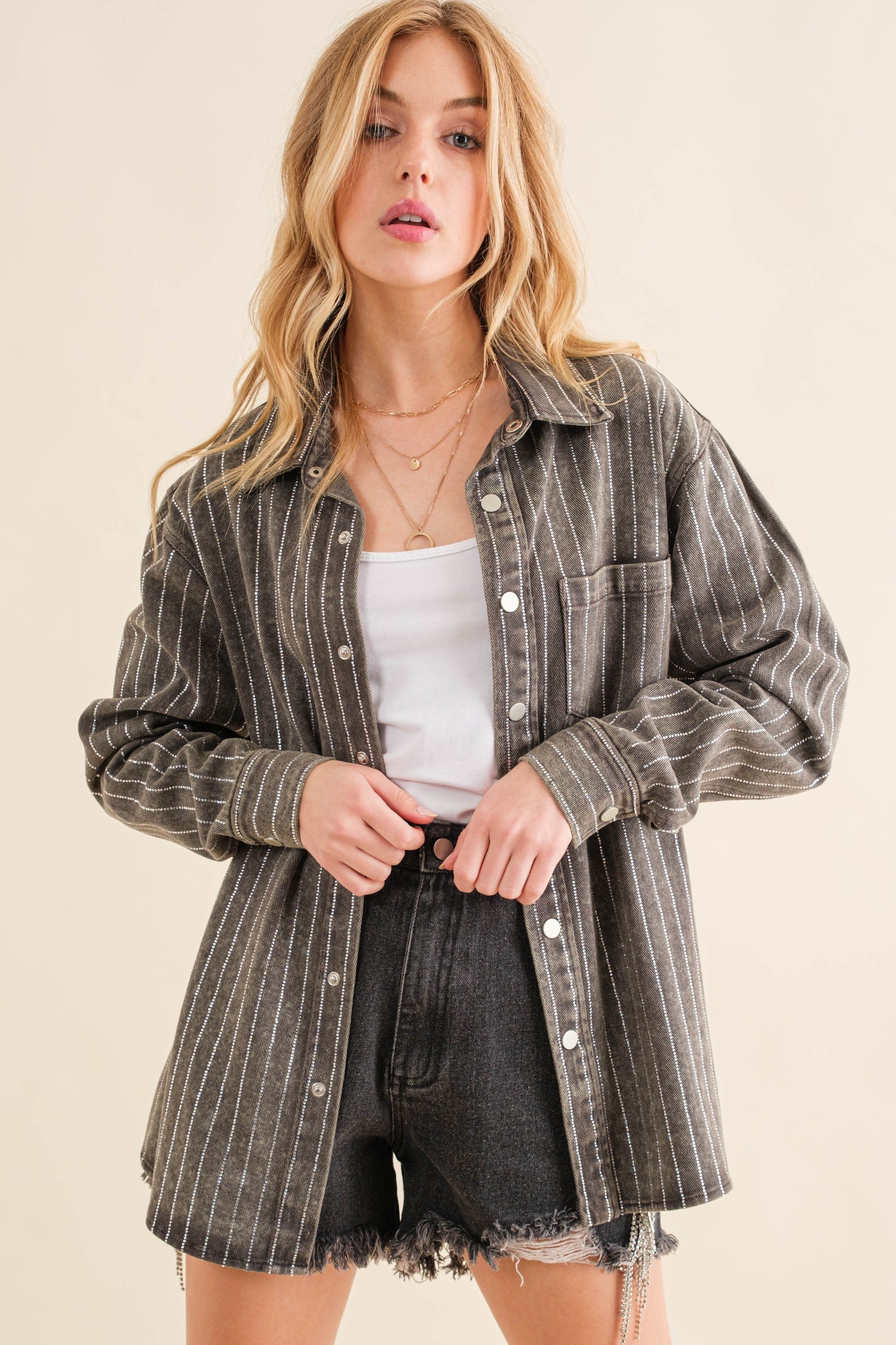 Blue B Denim Boyfriend Shirt Jacket with Embellished Sparkle Stone