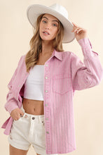 Load image into Gallery viewer, Blue B Denim Boyfriend Shirt Jacket with Embellished Sparkle Stone Pinstripes in Pink
