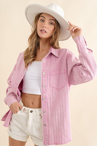 Blue B Denim Boyfriend Shirt Jacket with Embellished Sparkle Stone Pinstripes in Pink