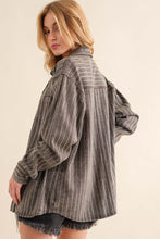 Load image into Gallery viewer, Blue B Denim Boyfriend Shirt Jacket with Embellished Sparkle Stone Pinstripes in Charcoal
