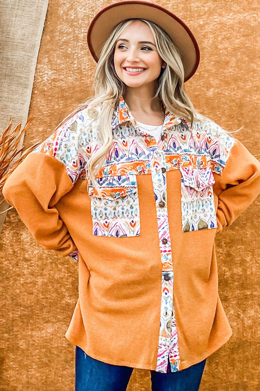 Aztec Printed Color Block Shirt Jacket in Camel Top And The Why   