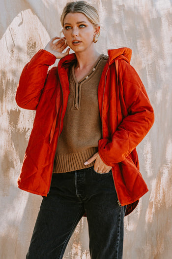Oddi Solid Color Quilted Jacket with Hood in Light Rust