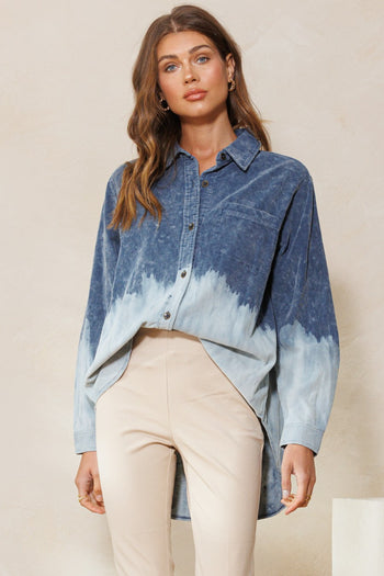 Oddi Dip Dye Bleach Corduroy Top in Washed Navy