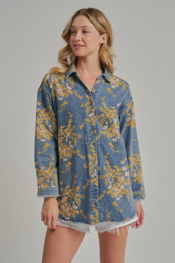 BON Floral Print Denim Top in Floral Denim
