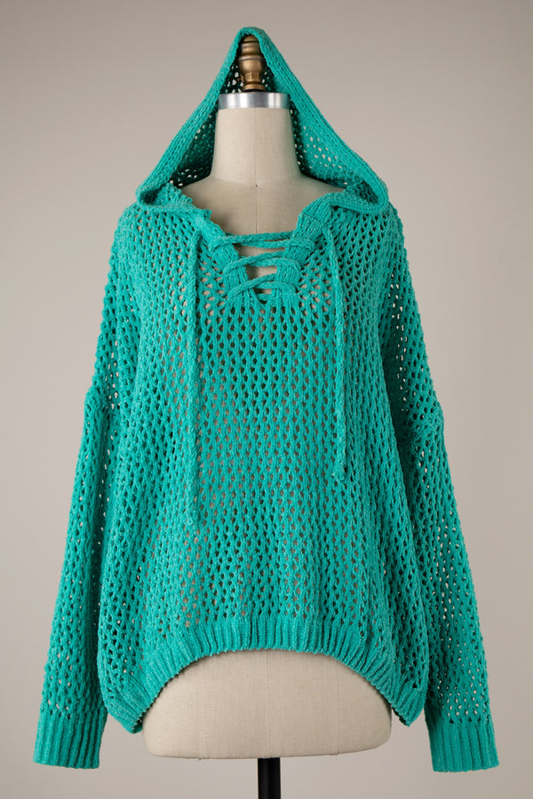Miracle Open Cable Knit Chenille Hoodie Sweater in Jade  Miracle   