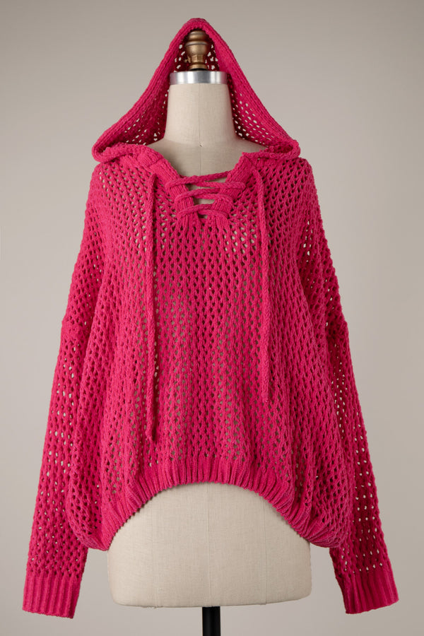 Miracle Open Cable Knit Chenille Hoodie Sweater in Hot Pink  Miracle   
