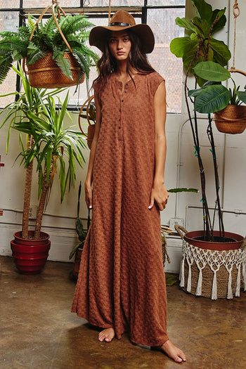 BucketList Brushed Textured Checkered Pattern Jumpsuit in Camel ON ORDER Jumpsuit Bucketlist   