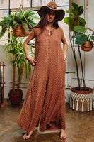 BucketList Brushed Textured Checkered Pattern Jumpsuit in Camel ON ORDER Jumpsuit Bucketlist   