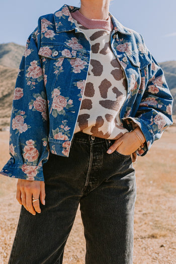 Oddi Floral Print Denim Jacket in Washed Dark Denim