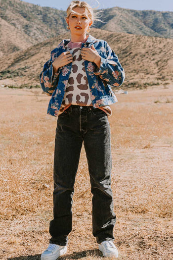 Oddi Floral Print Denim Jacket in Washed Dark Denim