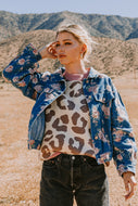 Oddi Floral Print Denim Jacket in Washed Dark Denim