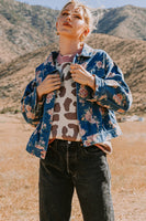 Oddi Floral Print Denim Jacket in Washed Dark Denim