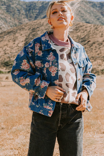 Oddi Floral Print Denim Jacket in Washed Dark Denim