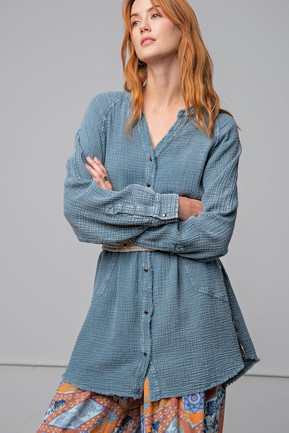 Easel Washed Cotton Gauze Tunic Shirt in Faded Teal Top Easel   