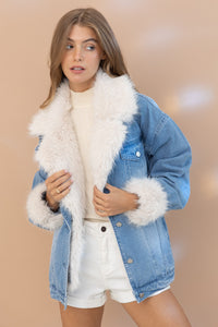 Blue B Denim Jacket with Faux Fur Trim in Denim